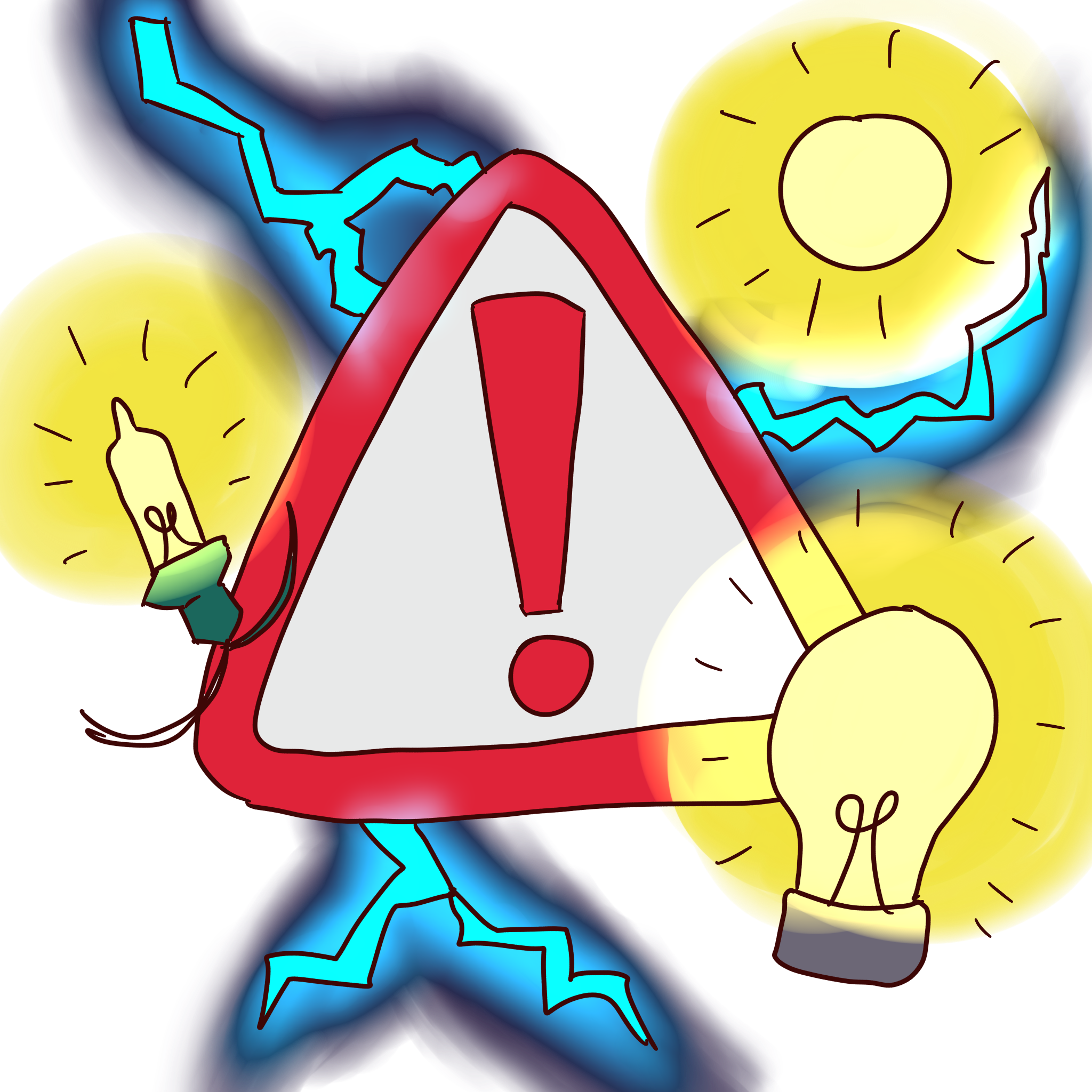  a triangle sign with a red exclamation mark on it surrounding by a blue lightning bold and a sun, a flashing lightbulb and a flashing christmas light.